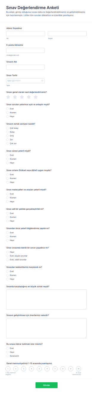 Sınav Değerlendirme Anketi Form Şablonu