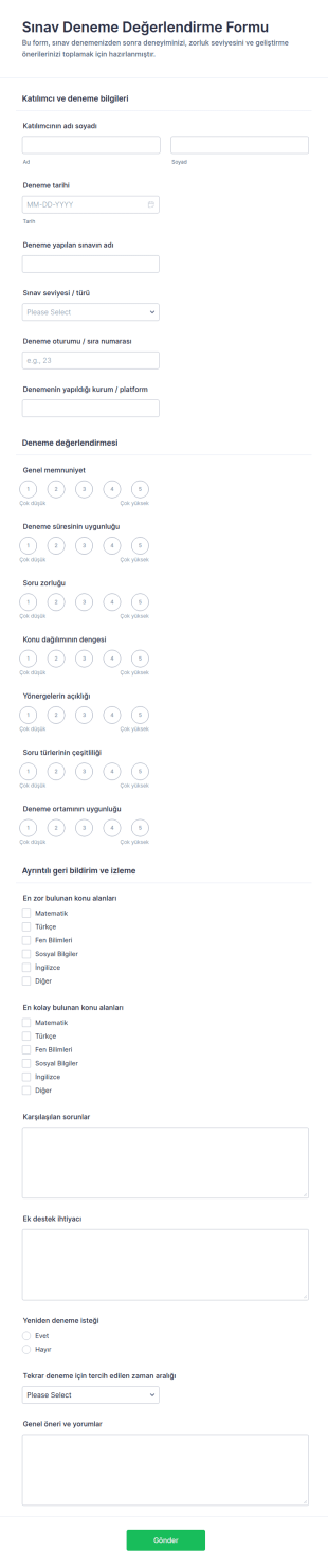 Sınav Giriş Deneme Değerlendirme Form Şablonu
