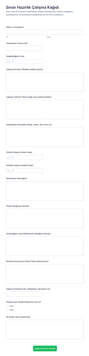 Sınav Hazırlık Çalışma Form Şablonu