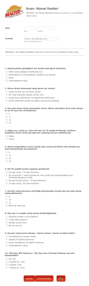 Sınav: Hizmet Saatleri Form Template