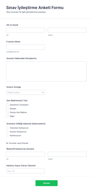 Sınav İyileştirme Anketi Form Şablonu