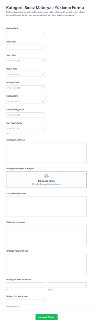 Sınav Materyali Yükleme Form Şablonu