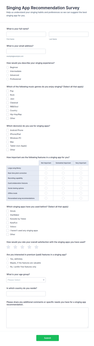 Singing App Recommendation Survey Form Template