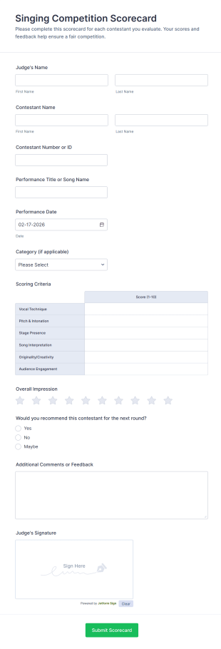 Singing Competition Scorecard Form Template