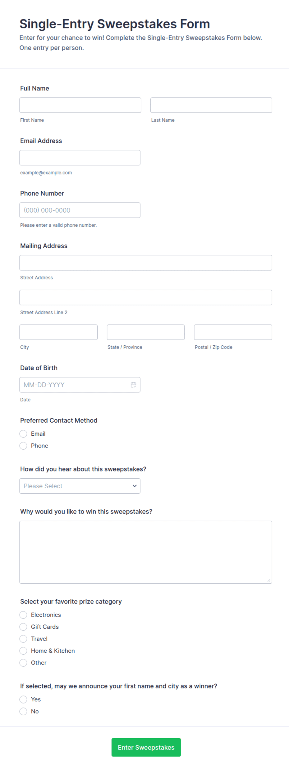 Single-Entry Sweepstakes Form Template | Jotform