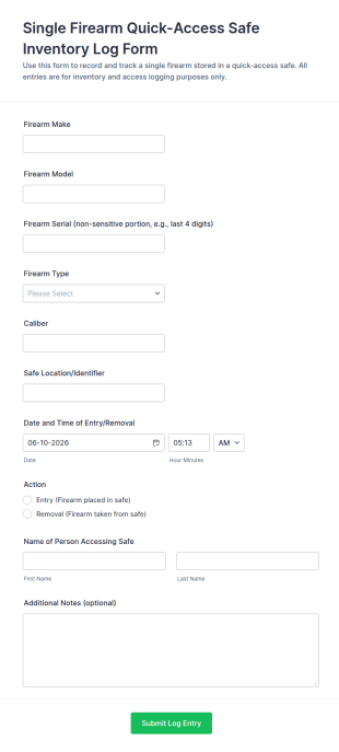 Single Firearm Quick Access Safe Inventory Log Form Template