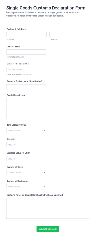 Single Goods Customs Declaration Form Template