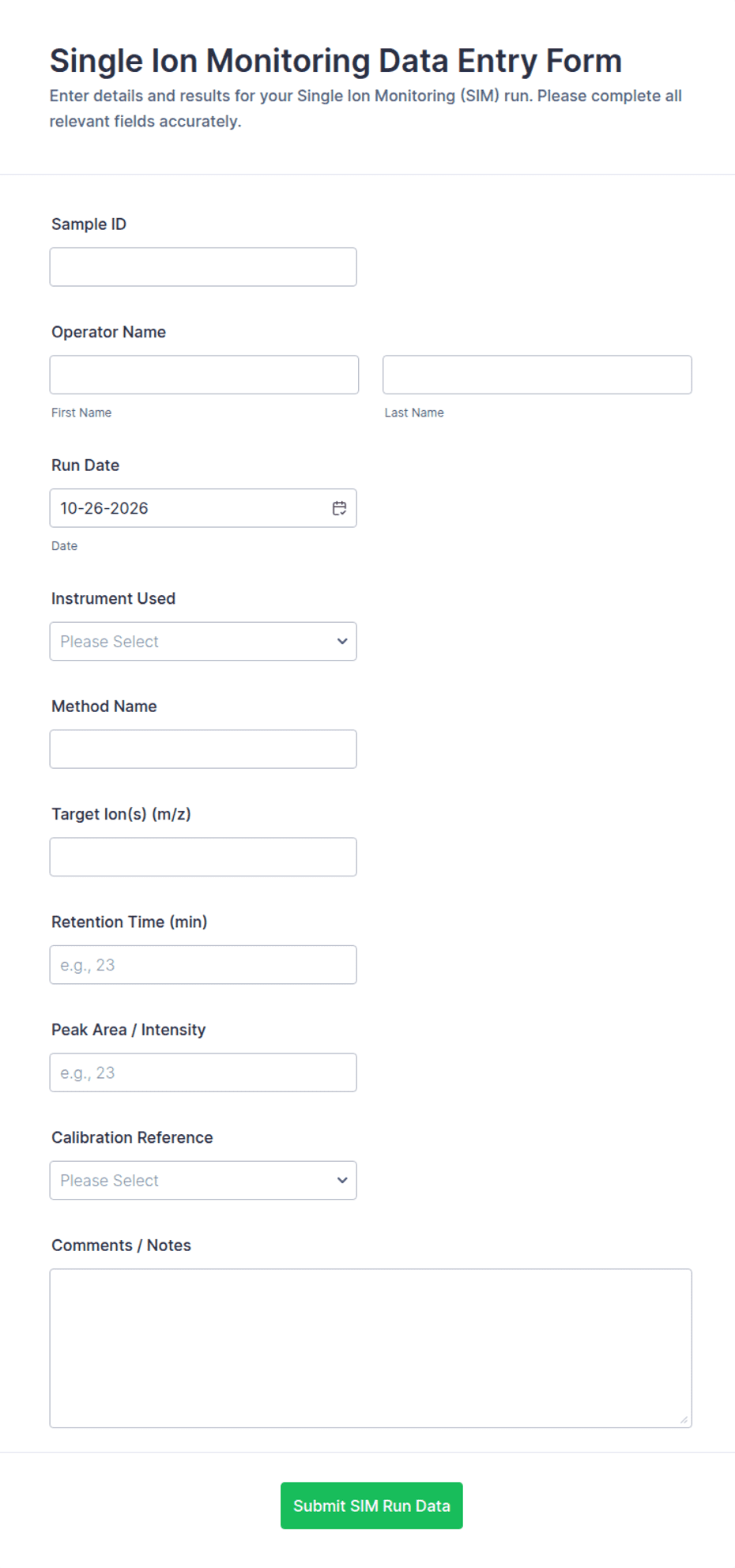 Single Ion Monitoring Data Entry Form Template | Jotform