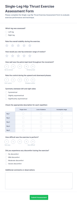 Single Leg Hip Thrust Exercise Assessment Form Template