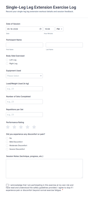 Single Leg Leg Extension Exercise Log Form Template