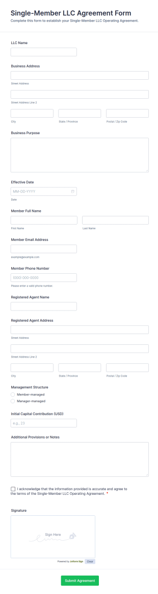 Single Member LLC Agreement Form Template