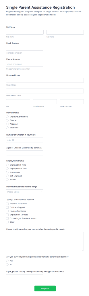 Single Parent Assistance Registration Form Template