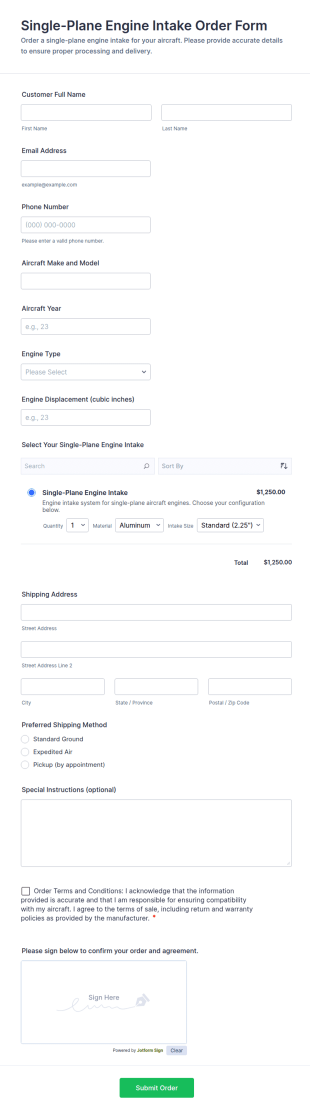 Single Plane Engine Intake Order Form Template