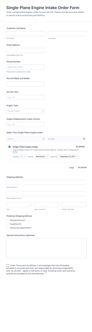 Single Plane Engine Intake Order Form Template
