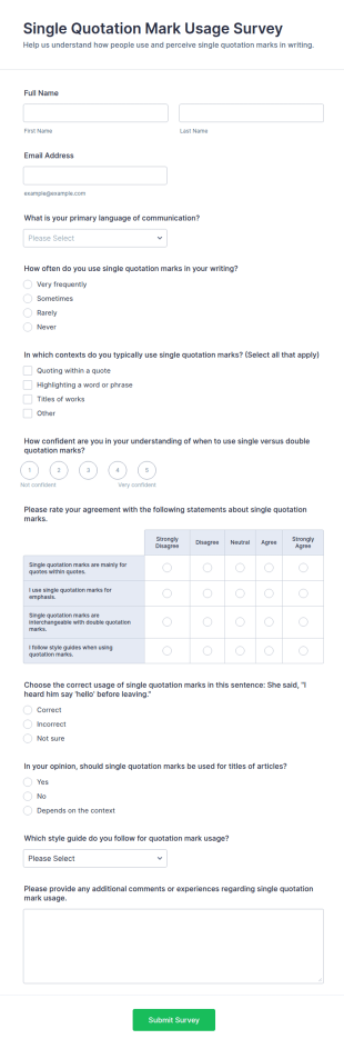 Single Quotation Mark Usage Survey Form Template