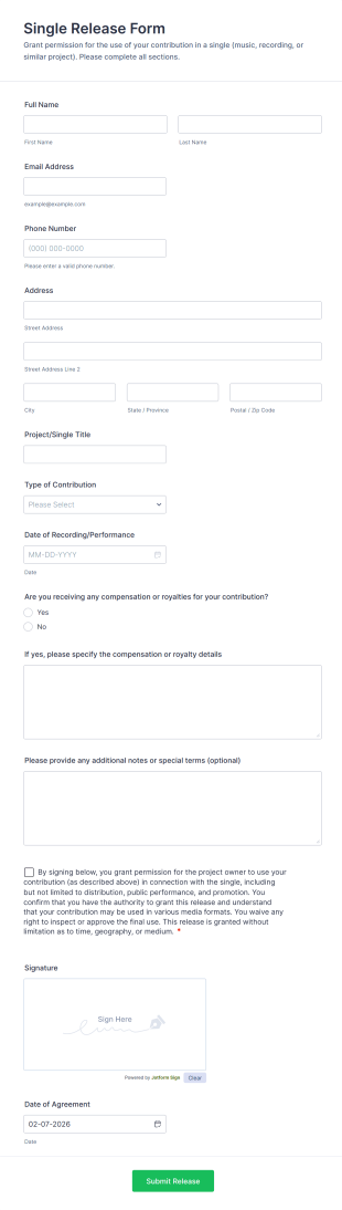 Single Release Form Template
