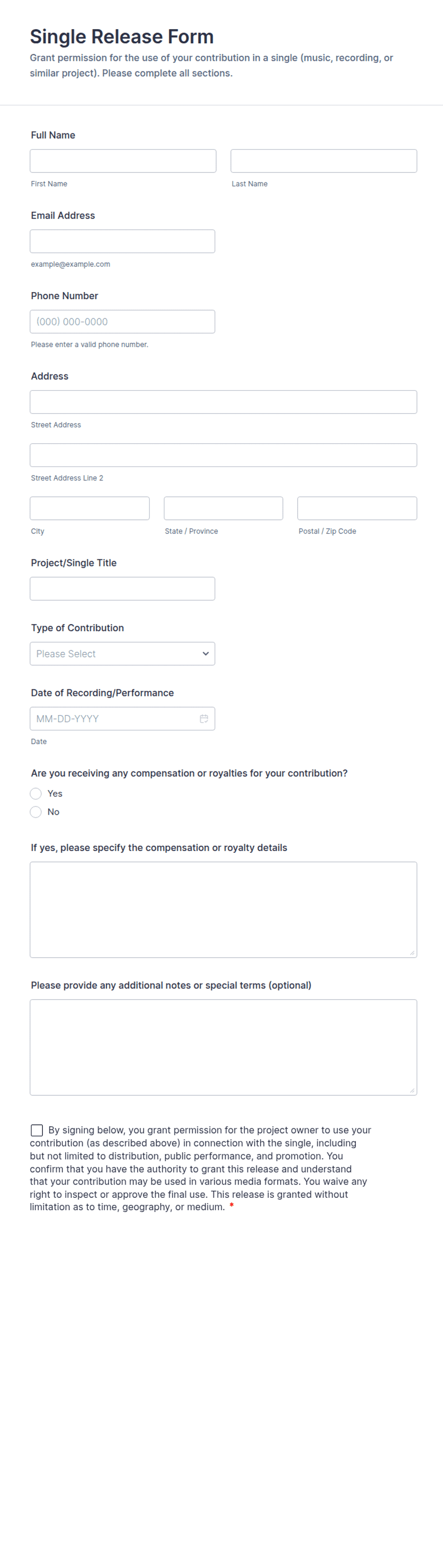 Single Release Form Template | Jotform