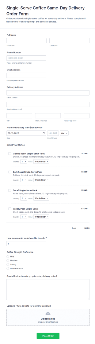 Single Serve Coffee Same Day Delivery Order Form Template