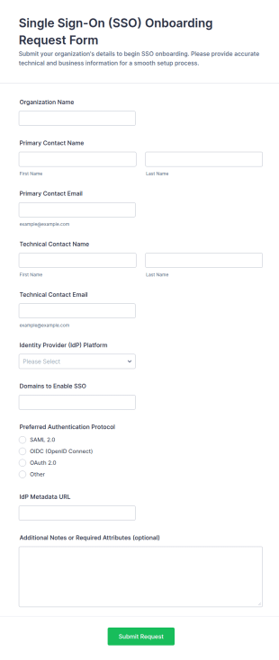 Single Sign On (SSO) Onboarding Request Form Template