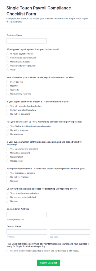 Single Touch Payroll Compliance Checklist Form Template
