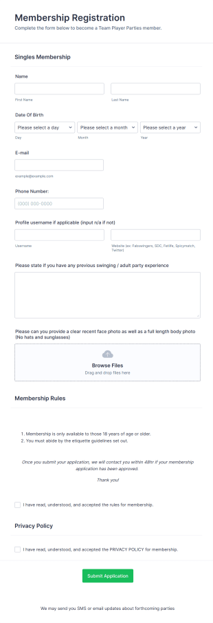 Singles Membership Registration Form Template