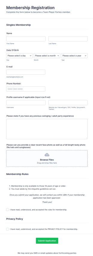 Singles Membership Registration Form Template