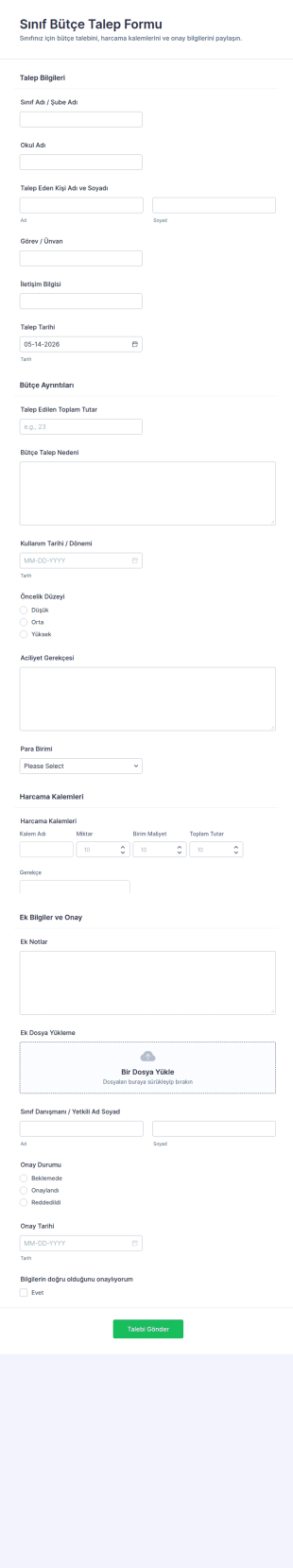 Sınıf Bütçe Talep Form Şablonu