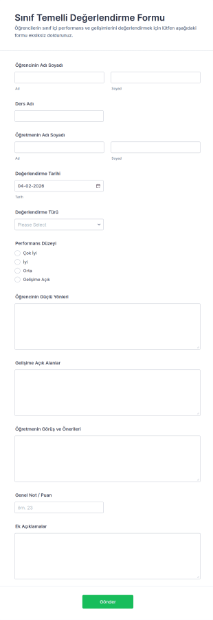 Sınıf Temelli Değerlendirme Form Şablonu