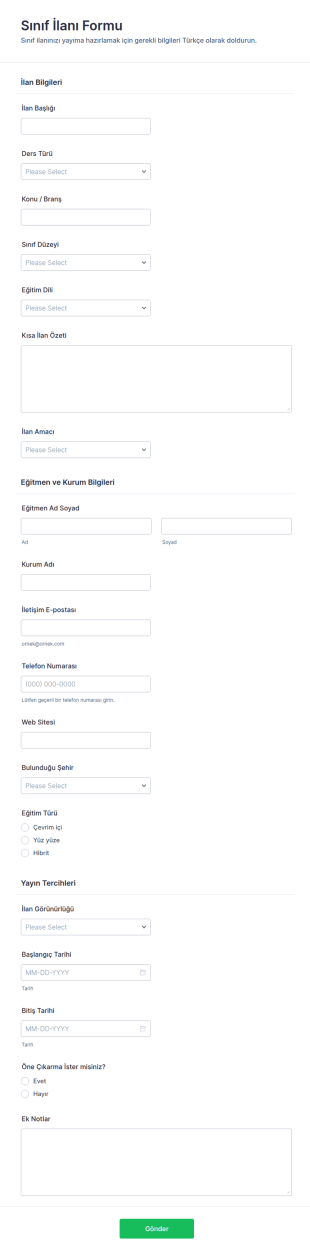 Sınıf Listeleme Form Şablonu