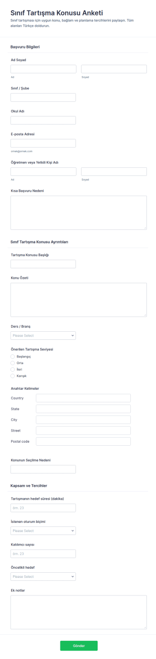 Sınıf Tartışma Konusu Anketi Form Şablonu