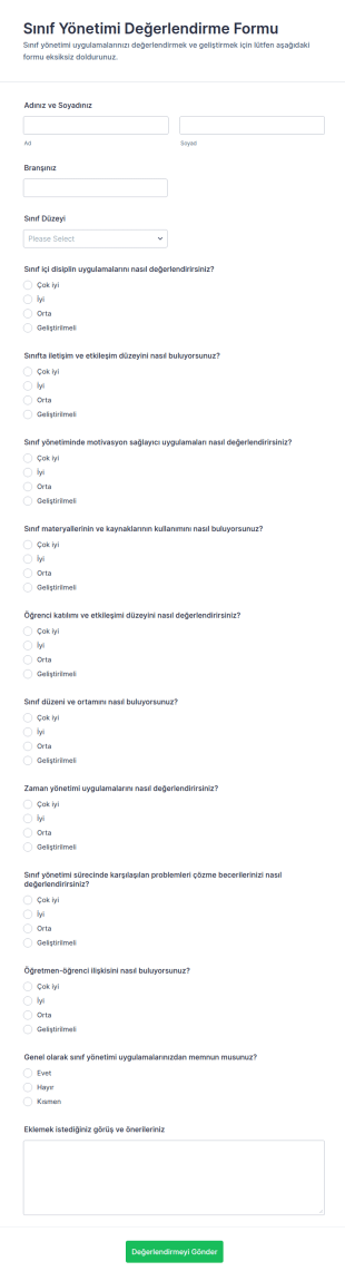 Sınıf Yönetimi Değerlendirme Anketi Form Şablonu