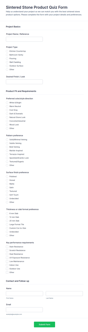 Sintered Stone Product Quiz Form Template