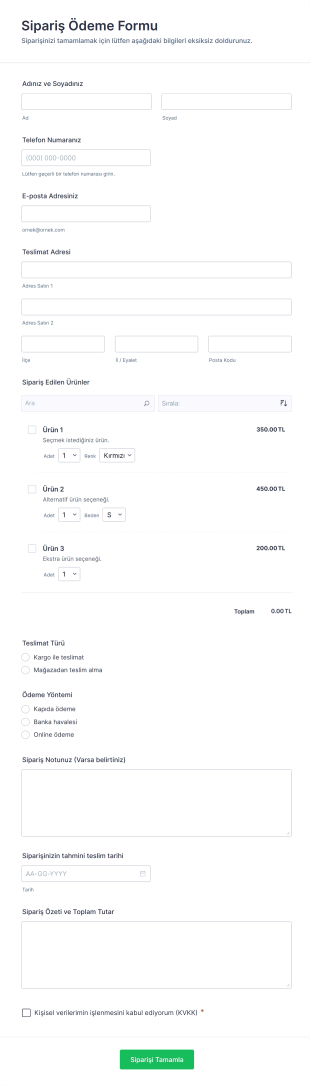 Sipariş Ödeme Form Şablonu