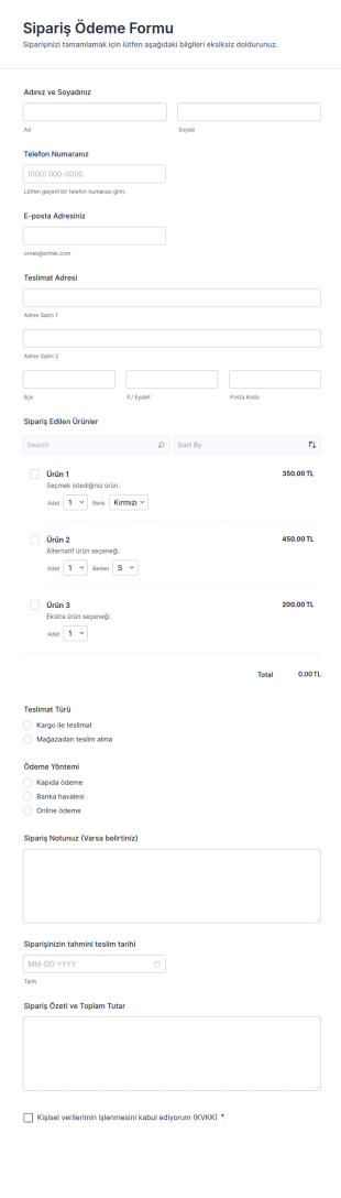 Sipariş Ödeme Form Şablonu