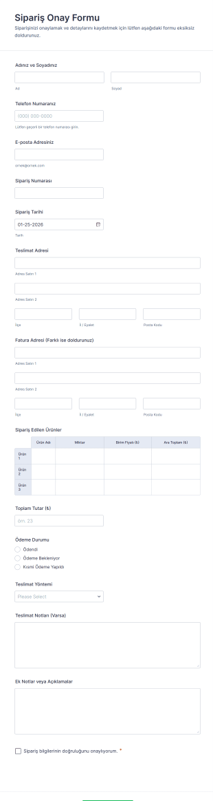 Sipariş Onay Form Şablonu