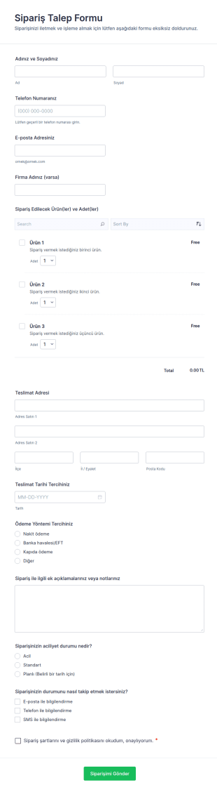 Sipariş Talep Form Şablonu