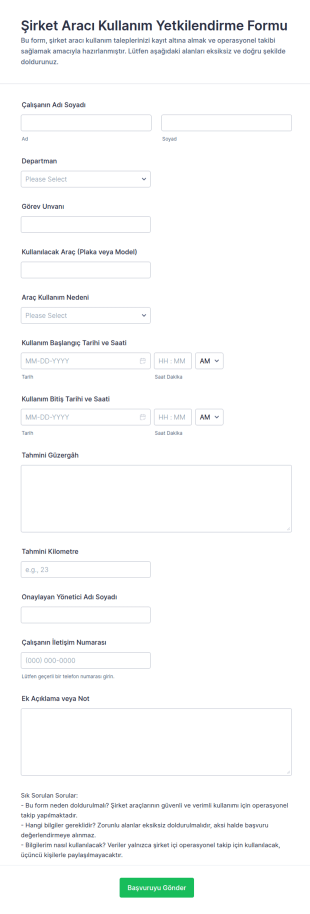 Şirket Aracı Kullanım Yetkilendirme Form Şablonu