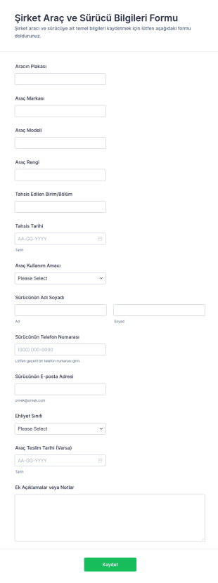 Şirket Aracı Ve Sürücü Bilgileri Anketi 🚗 Form Şablonu