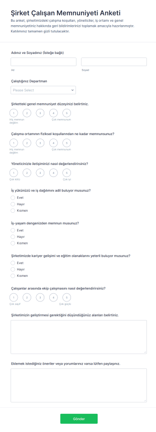 Şirket Çalışan Memnuniyeti Anketi Form Şablonu