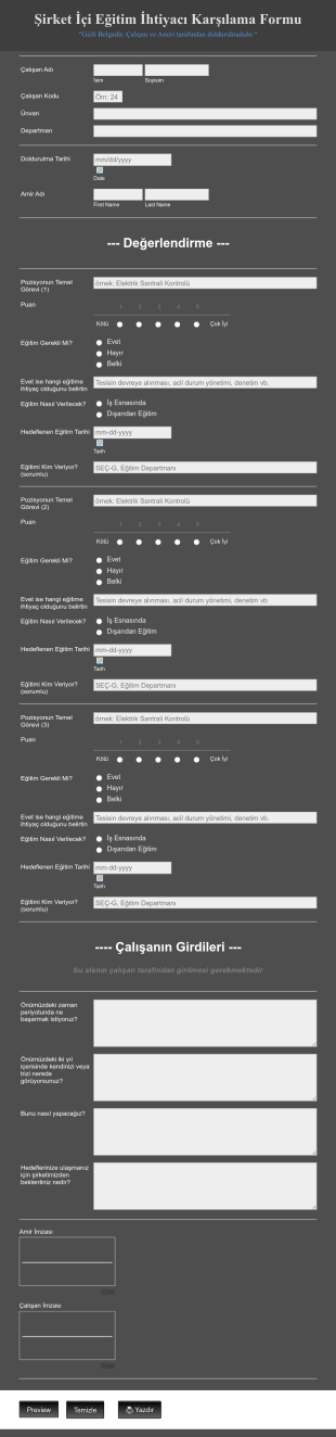 Şirket İçi Eğitim İhtiyacı Belirleme Form Template