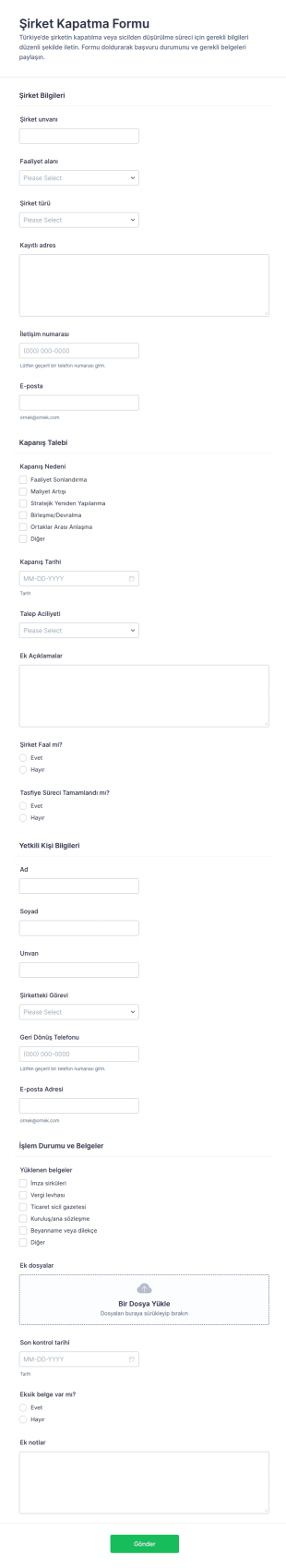 Şirket Kapanış Form Şablonu