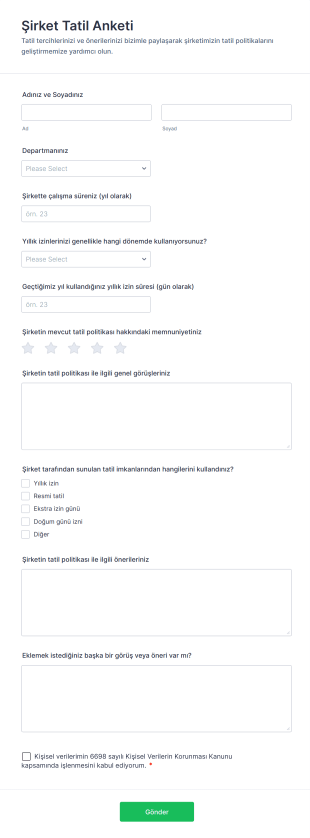 Şirket Tatil Anketi Form Şablonu