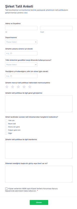 Şirket Tatil Anketi Form Şablonu