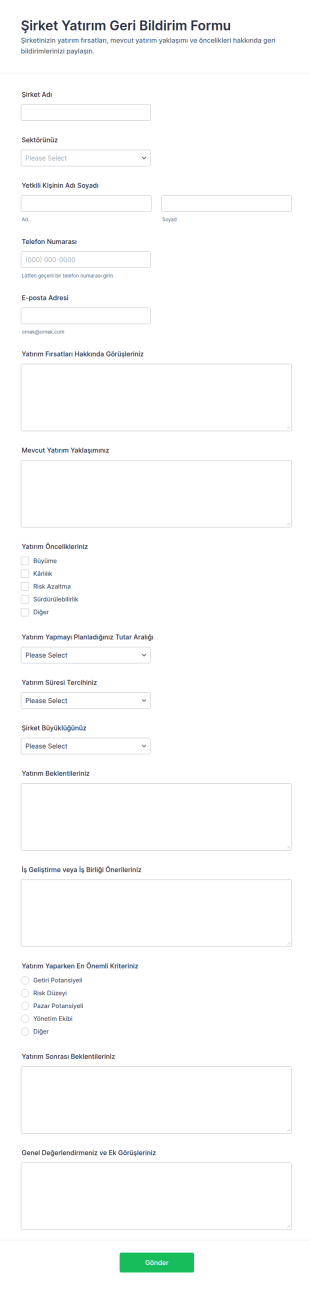 Şirket Yatırım Geri Bildirim Anketi Form Şablonu