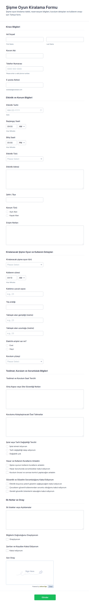 Şişme Oyun Alanı Kiralama Sözleşmesi Form Şablonu