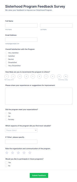 Sisterhood Program Feedback Survey Form Template