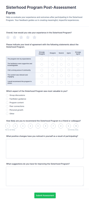 Sisterhood Program Post Assessment Form Template