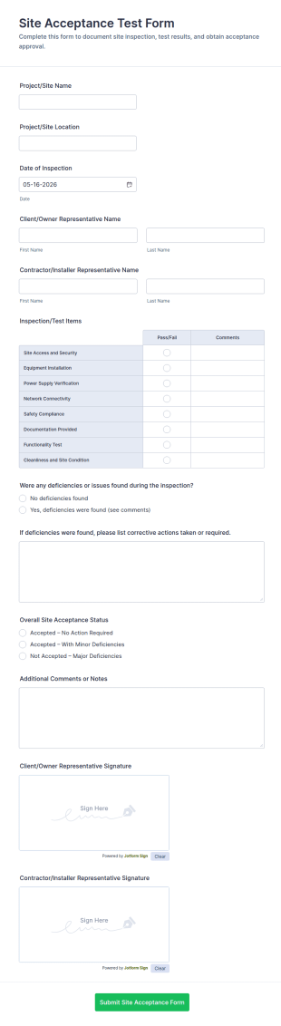 Site Acceptance Test Form Template