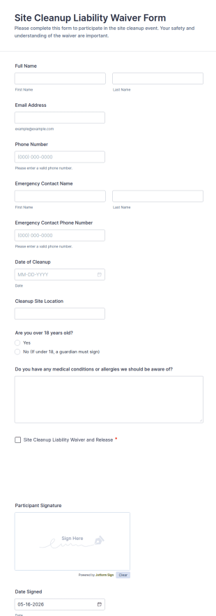 Site Cleanup Liability Waiver Form Template
