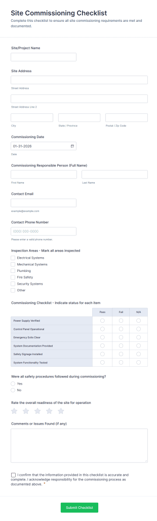 Site Commissioning Checklist Form Template